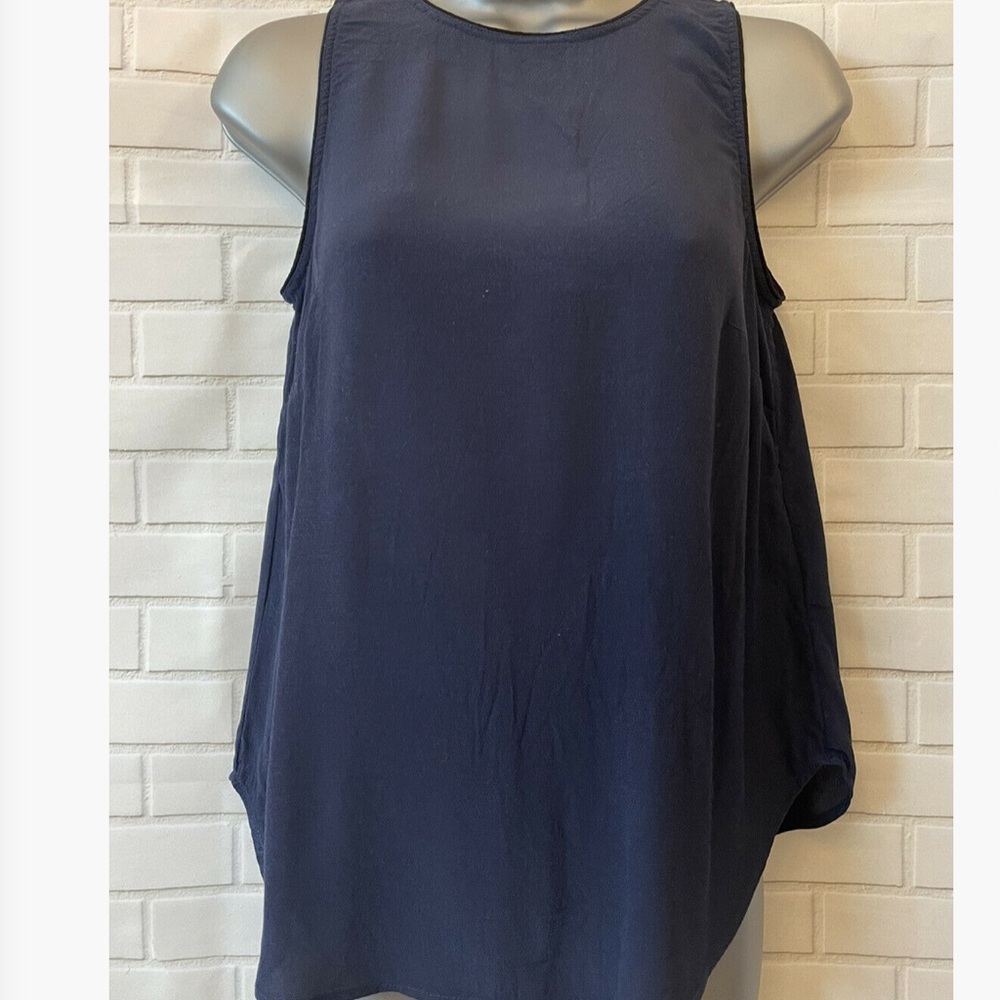 Boden navy viscose A-line top with black piping trim